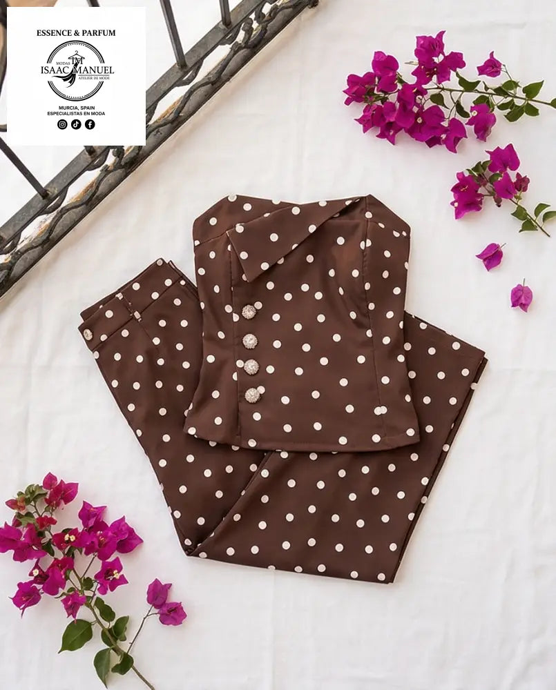 Conjunto de Lunares Mujer | Top Strapless y Pantalón Ancho con Bolsillos 1450011 - Marrón - Conjunto