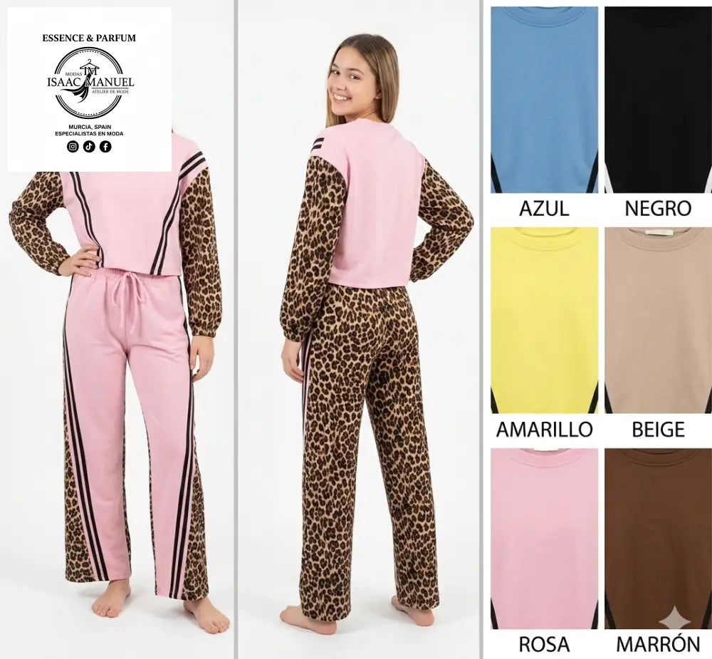Muestrario de colores para conjunto animal print: azul, negro, amarillo, beige, rosa y marrón con detalle de cuello redondo y diseño deportivo