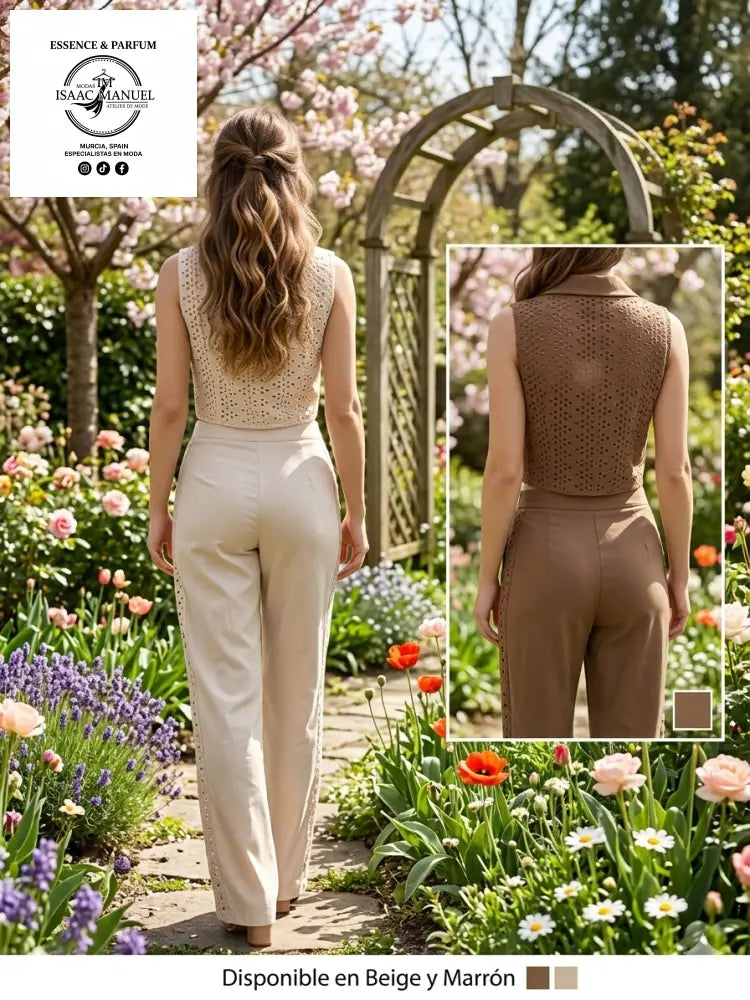 Consigue el look perfecto con el Conjunto Sienna. Chaleco crop con espalda de encaje y pantalón de tiro alto. Disponible en Marrón Moca y Beige Claro.