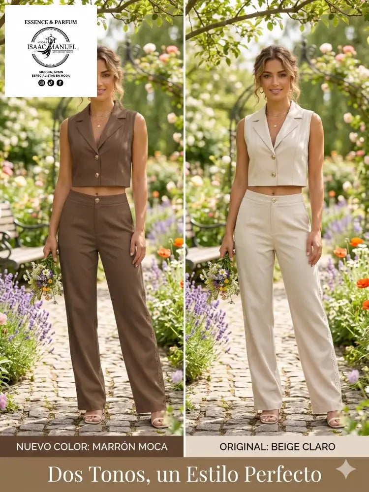 Consigue el look perfecto con el Conjunto Sienna. Chaleco crop con espalda de encaje y pantalón de tiro alto. Disponible en Marrón Moca y Beige Claro. ¡Compra ahora!