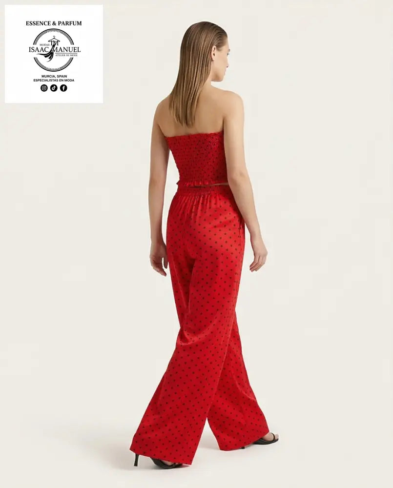 Conjunto Strapless de Lunares | Top y Pantalón Ancho con Bolsillos 46458 - Conjunto