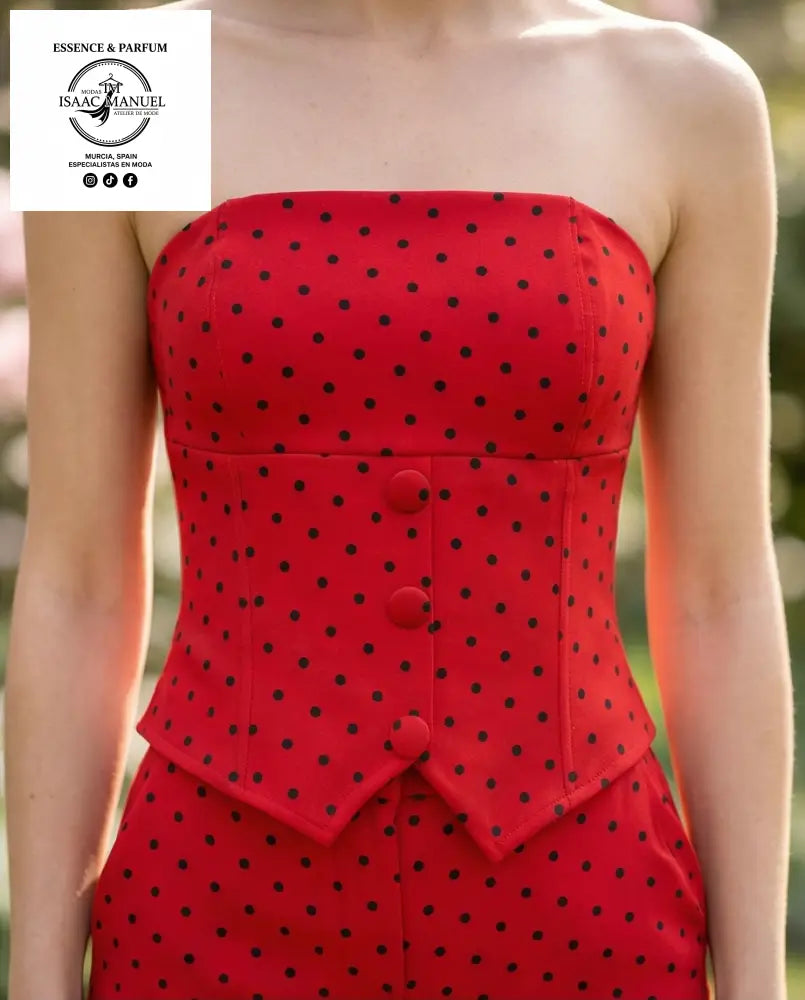 Conjunto Strapless de Lunares | Top y Pantalón Ancho con Bolsillos 46458 - Rojo - Conjunto