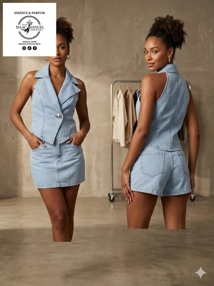 Conjunto Vaquero Mujer | Chaleco + Falda Short Azul Claro TR822 - Azul cielo / SM - Conjunto