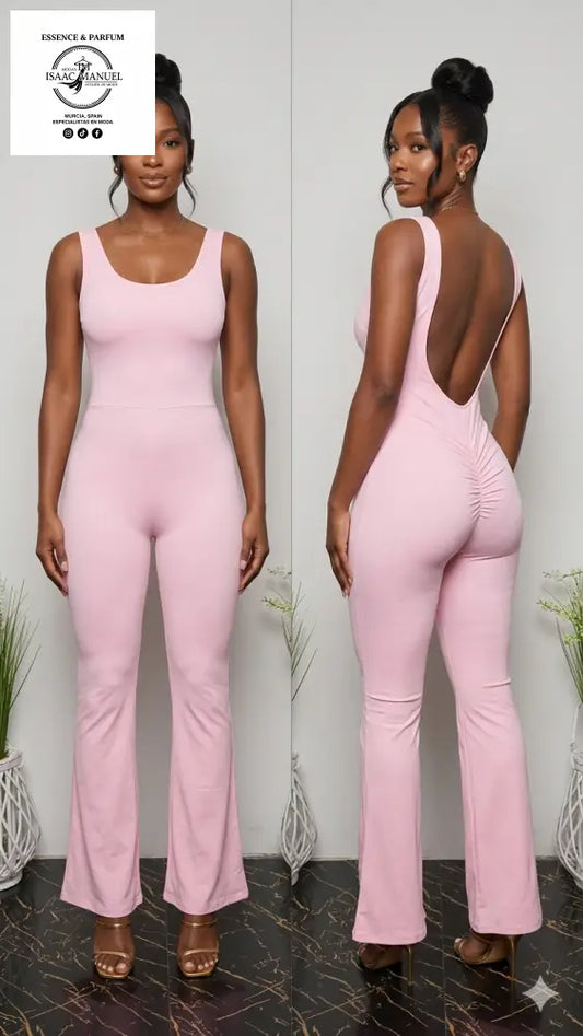 Enterizo rosa pastel bota ancha con tirantes anchos y costura especial para realce de glúteos