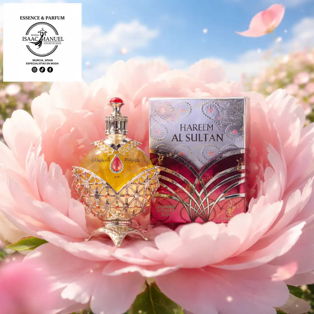 Hareem Al Sultan Gold - Perfume con diseño elegante y fragancia frutal, dulce, almizclado y floral sobre flor rosa gigante.