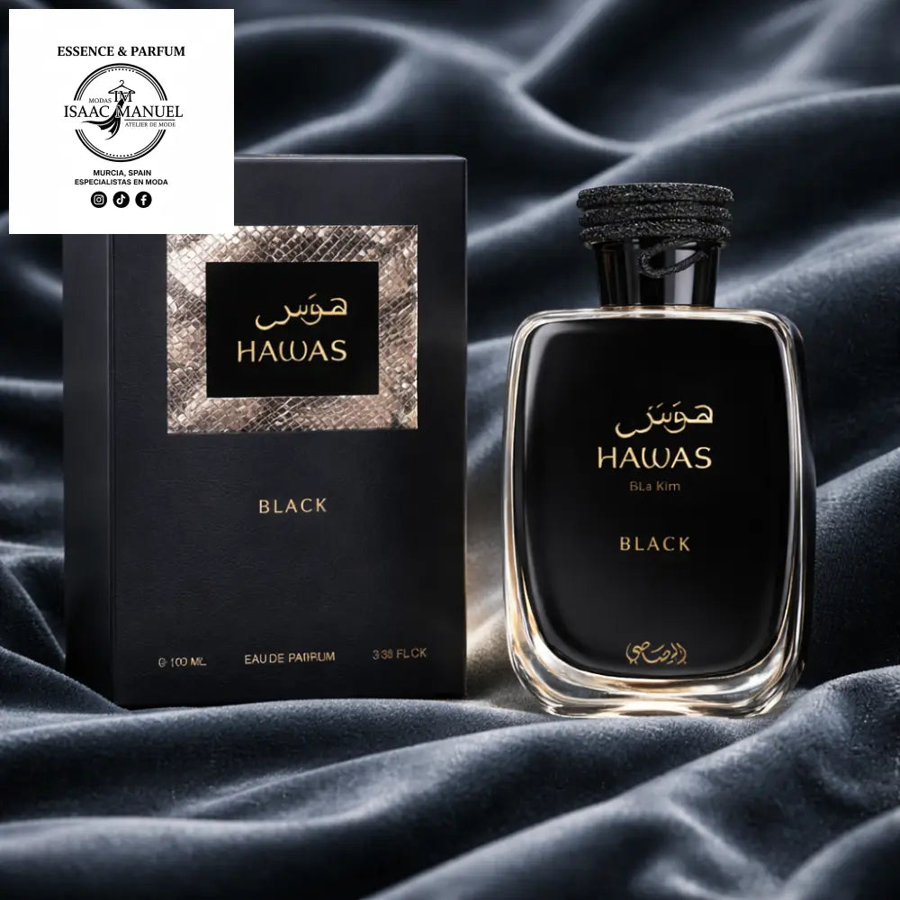 Descubre el magnetismo absoluto con Hawas Black, la interpretación más intensa y misteriosa de la legendaria colección Hawas de Rasasi.