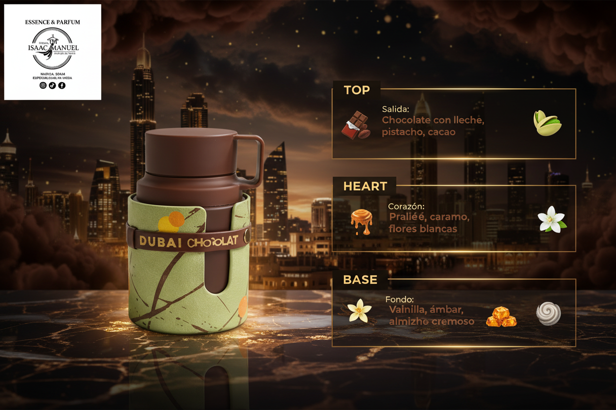 Pirámide olfativa Dubai Chocolat by Odyssey EDP - Salida chocolate con leche pistacho cacao, Corazón pralié caramelo flores blancas, Fondo vainilla ámbar almizcle cremoso