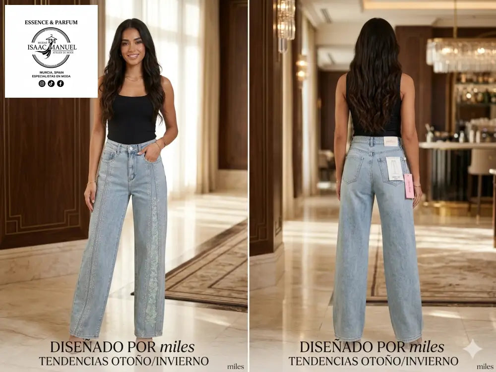Compra los exclusivos vaqueros de corte recto con detalles de pedrería y bordado floral. Disponibles en tallas S a XL.
