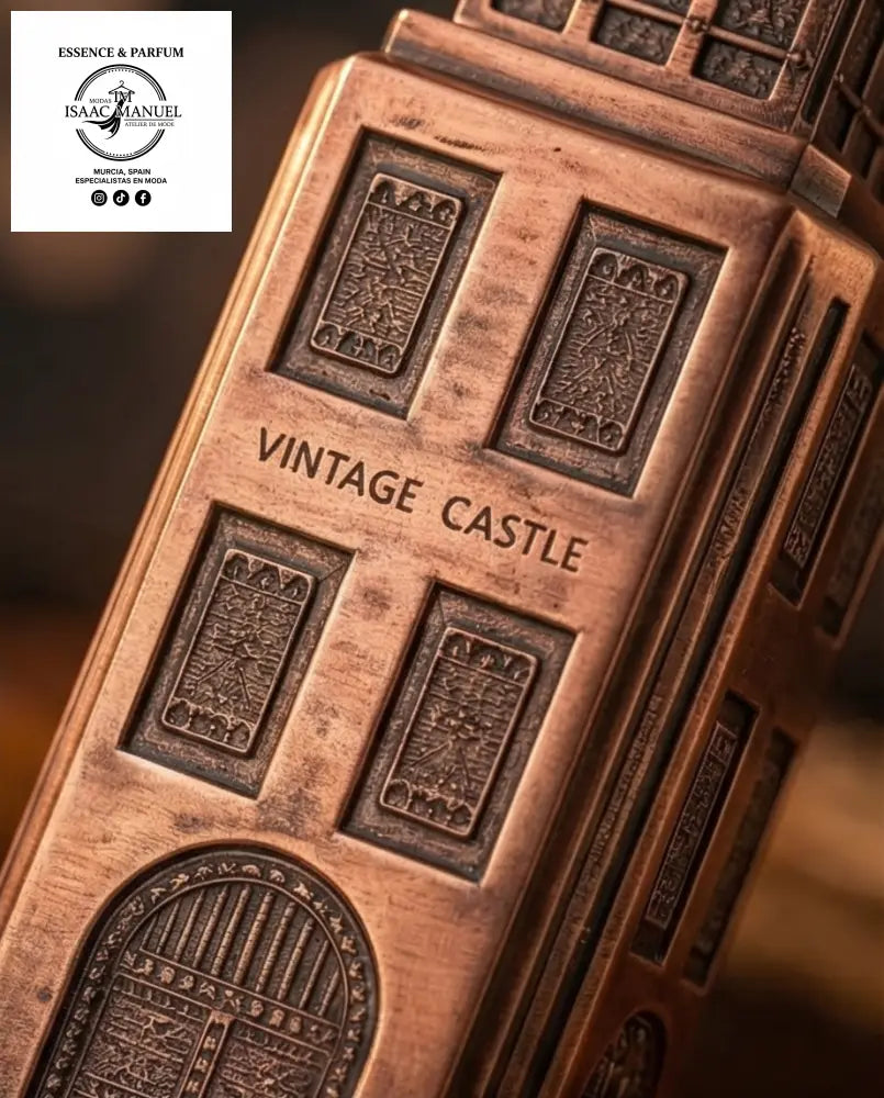 Botella de perfume Vintage Castle en forma de torre antigua junto a un reloj de pulsera de lujo en un escritorio de madera, ideal para hombres que buscan fragancias árabes exclusivas.