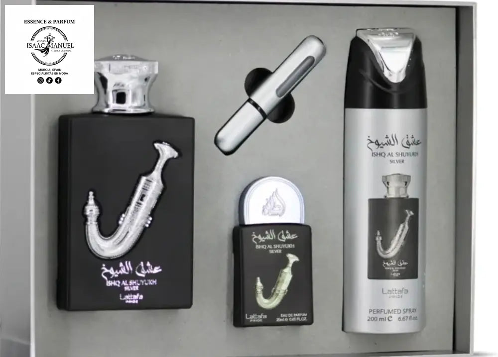 Eleva tu presencia con el Set Ishq Al Shuyukh Silver, una obra maestra de la colección de lujo Lattafa Pride. Inspirado en la sofisticación y el poder, este perfume es ampliamente reconocido por ser la mejor alternativa (o "dupe" de alta gama) al icónico 1 Million Lucky de Paco Rabanne, pero con el toque artesanal y la duración extrema que solo Lattafa puede ofrecer.