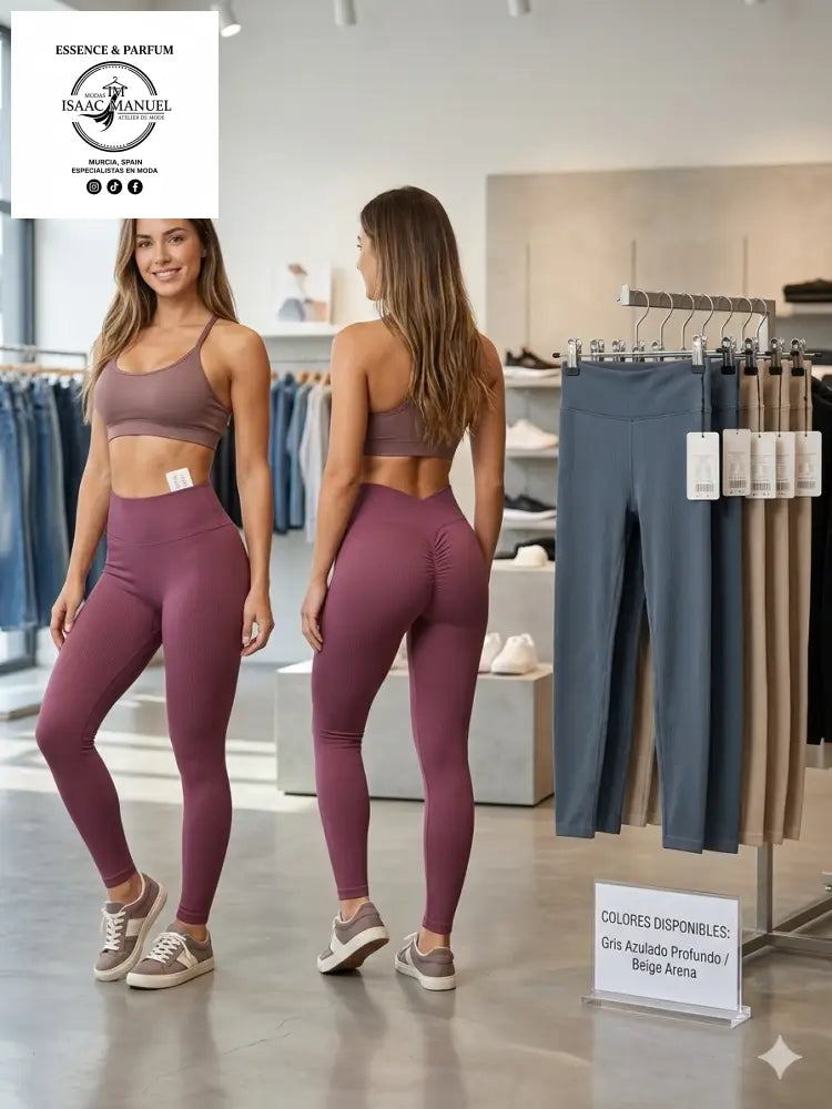 Mallas deportivas para mujer colección Sculpt and Rib color magenta con efecto push-up y cintura alta. Detalle de leggings acanalados en colores negro carbono, azul pizarra y beige arena
