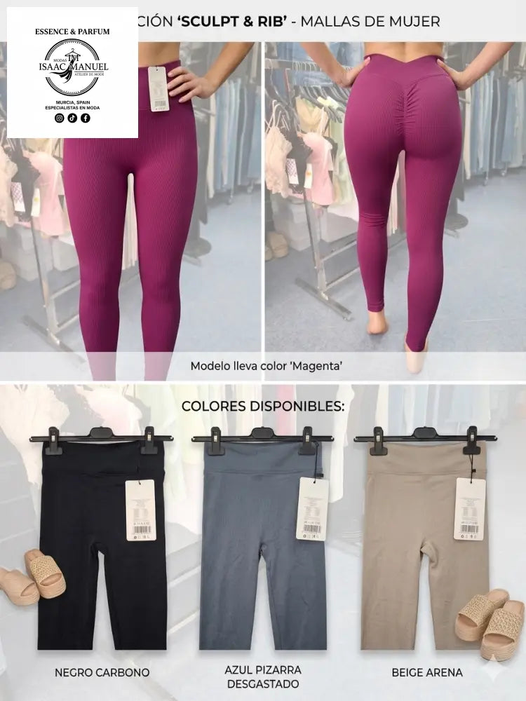 Mallas deportivas para mujer colección Sculpt and Rib color magenta con efecto push-up y cintura alta. Detalle de leggings acanalados en colores negro carbono, azul pizarra y beige arena.