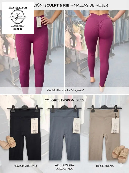 Mallas deportivas para mujer colección Sculpt and Rib color magenta con efecto push-up y cintura alta. Detalle de leggings acanalados en colores negro carbono, azul pizarra y beige arena.