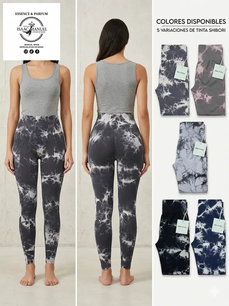 Leggings deportivos con estampado de tinta Shibori en 5 colores: gris, rosa, azul claro, negro y marino. Diseño de cintura alta y tejido acanalado moldeador.