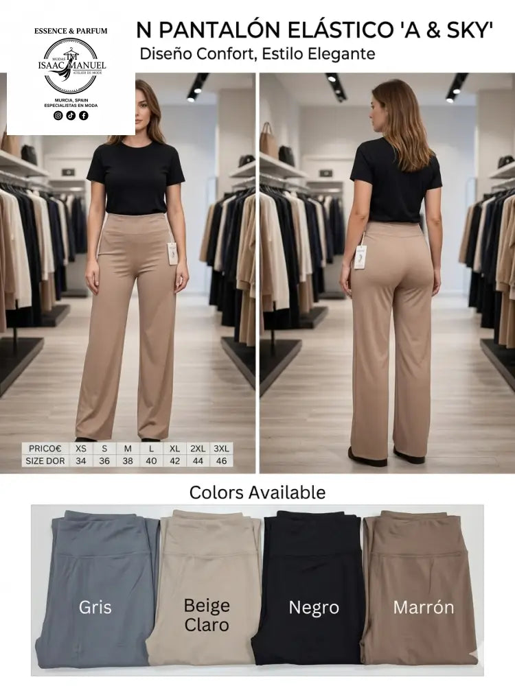 Pantalón elástico para mujer colección A and Sky en color beige claro. Vista frontal y posterior del pantalón de corte recto y cintura alta con tabla de tallas de la XS a la 3XL.
