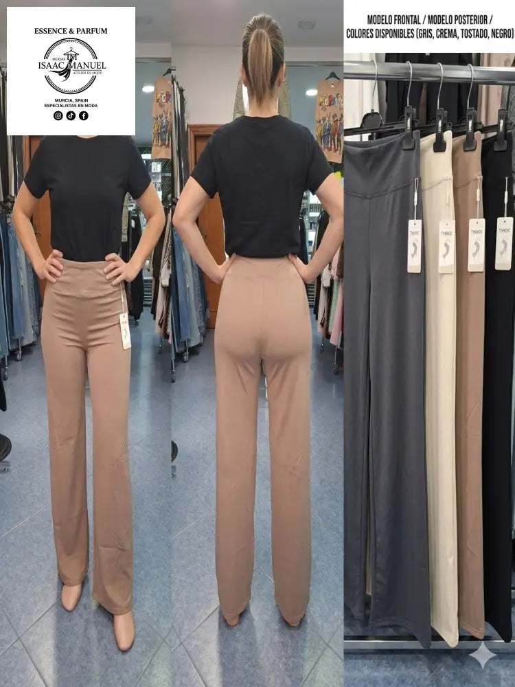 Pantalón de vestir elástico para mujer en color tostado. Detalle de colores disponibles en tienda: gris, crema, tostado y negro con diseño elegante y confortable.
