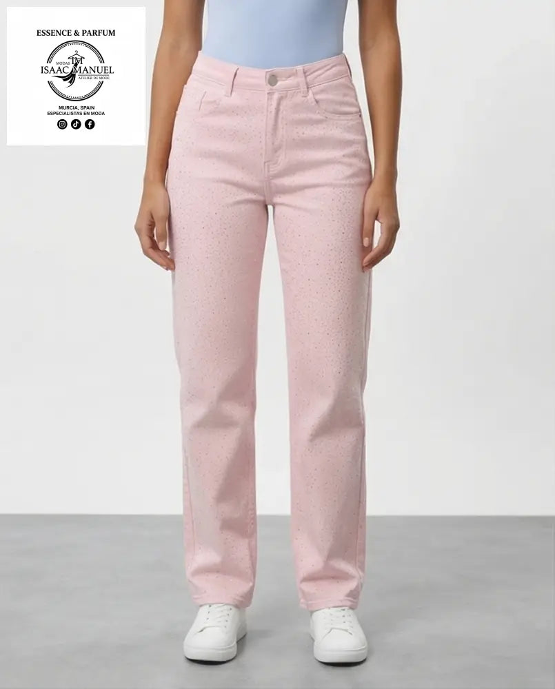 Pantalón Rosa Wide Leg con Strass | Moda Mujer MS-01 - L - Pantalones