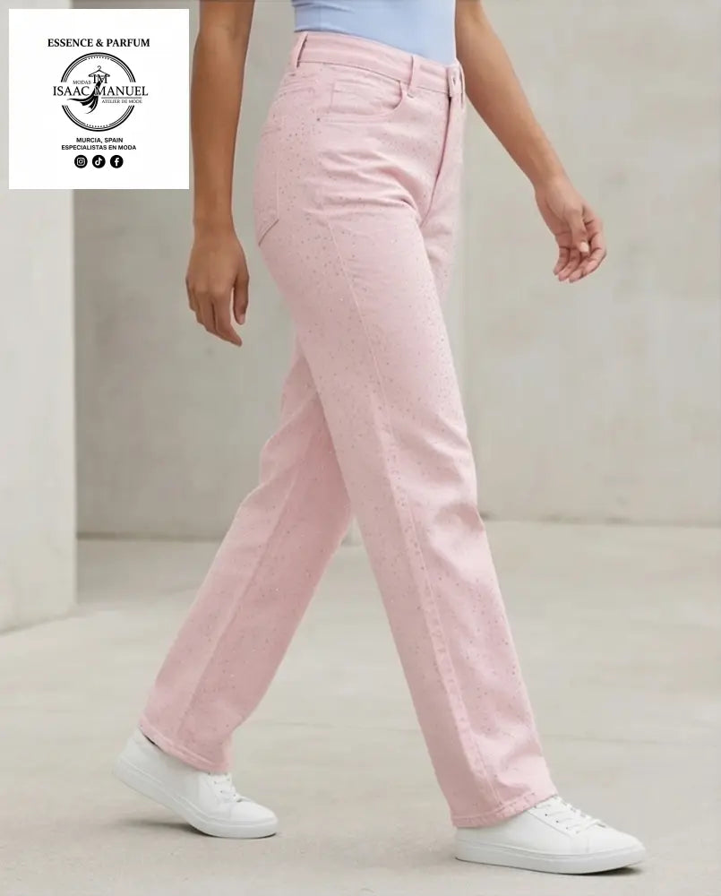 Pantalón Rosa Wide Leg con Strass | Moda Mujer MS-01 - M - Pantalones