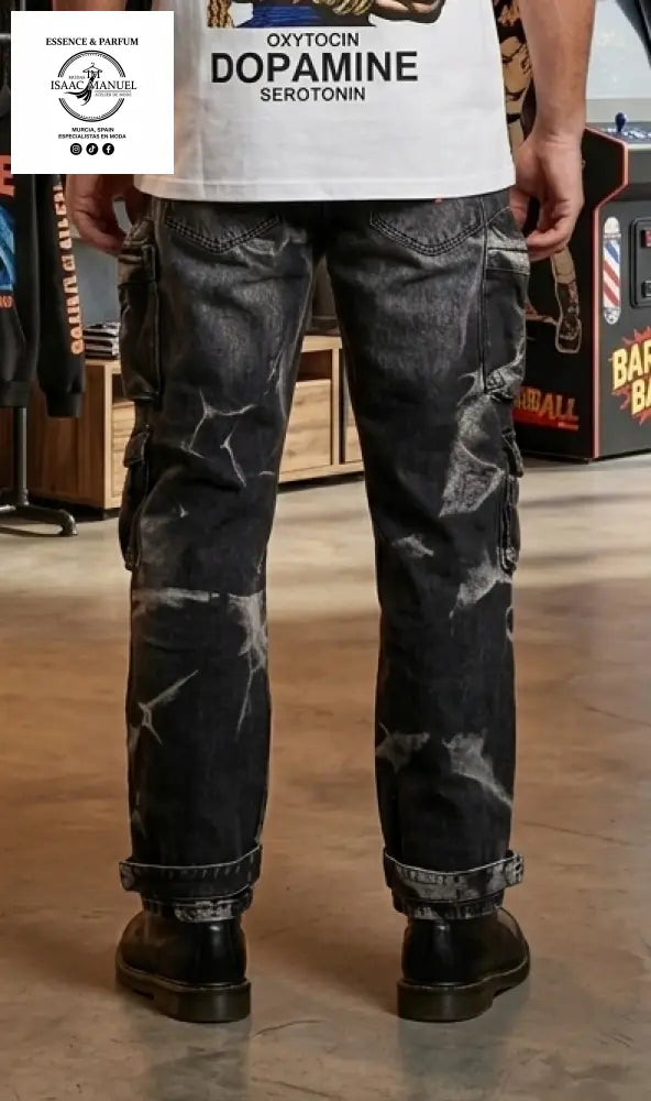 Pantalón Vaquero Cargo Hombre – Jeans Multibolsillos Efecto Desgastado Urban Legend SF113 Vaquero hombre