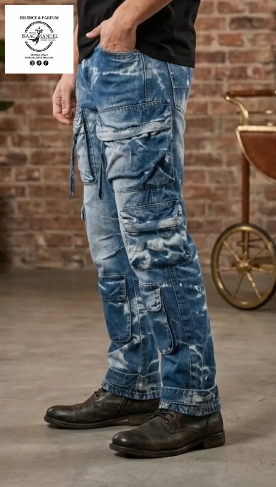 Pantalón Vaquero Cargo Hombre – Jeans Multibolsillos Efecto Desgastado Urban Legend SF113 Vaquero hombre
