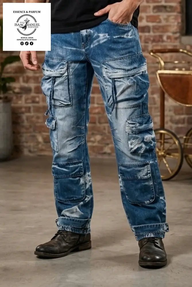 Pantalón Vaquero Cargo Hombre – Jeans Multibolsillos Efecto Desgastado Urban Legend SF113 azul / 42 Vaquero hombre