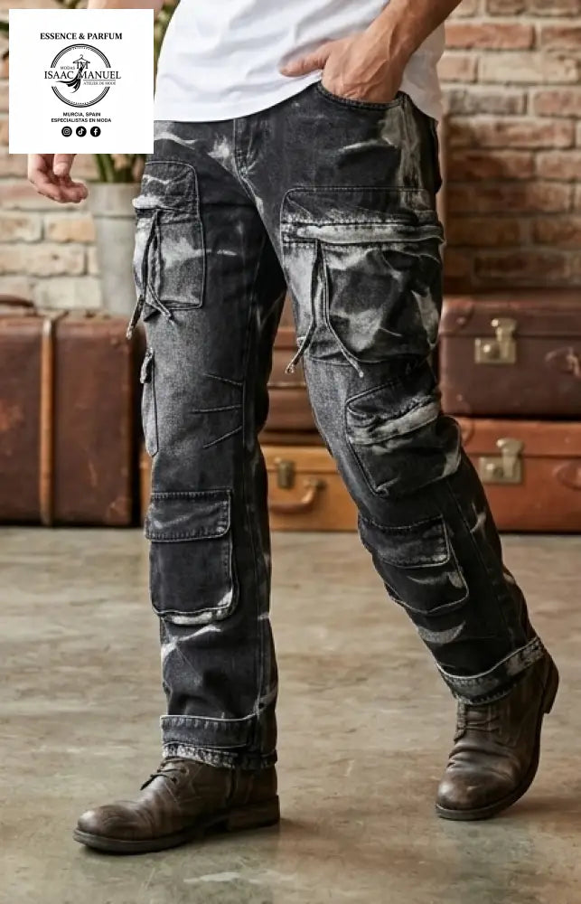 Pantalón Vaquero Cargo Hombre – Jeans Multibolsillos Efecto Desgastado Urban Legend SF113 Negro / 42 Vaquero hombre