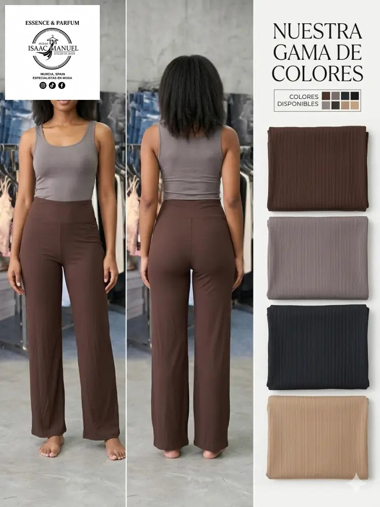 Pantalones de punto acanalado para mujer en color marrón chocolate. Diseño de pernera ancha y cintura alta con muestras de colores gris, topo, negro y azul marino.