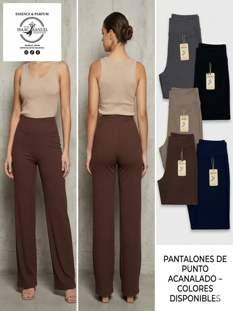 Pantalones de punto acanalado para mujer en color marrón chocolate. Diseño de pernera ancha y cintura alta con muestras de colores gris, topo, negro y azul marino.