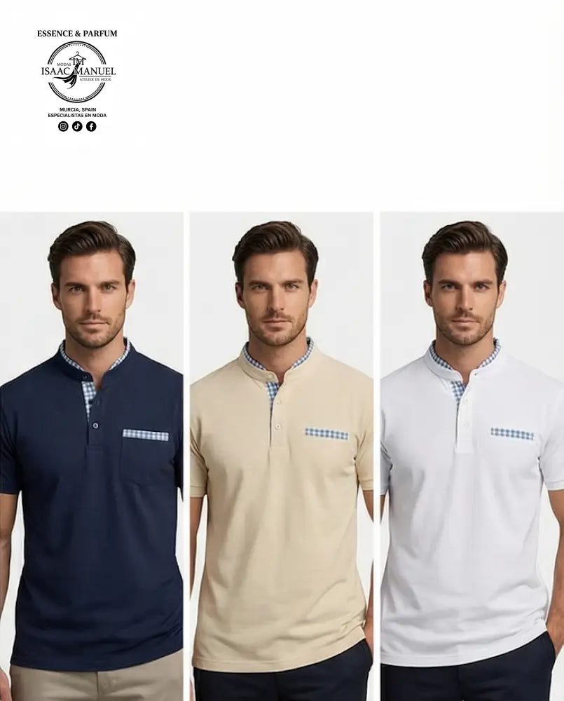 Polo cuello mao hombre 3 colores: azul marino, beige y blanco - Modas Isaac Manuel