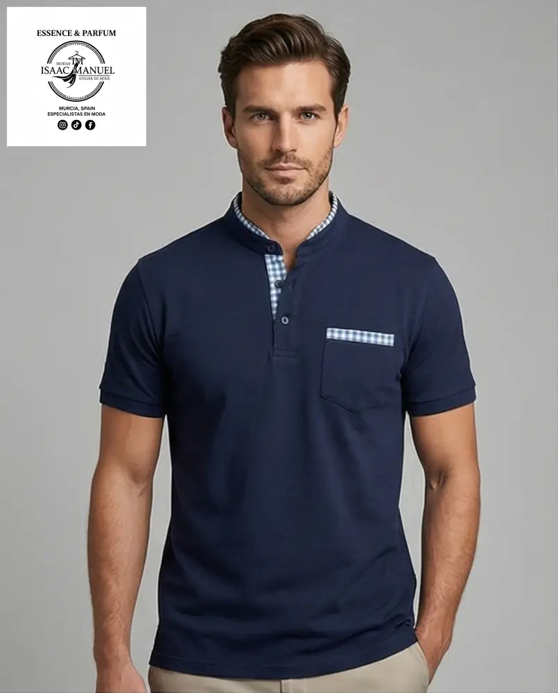 Polo cuello mao hombre azul marino con detalle vichy - vista frontal