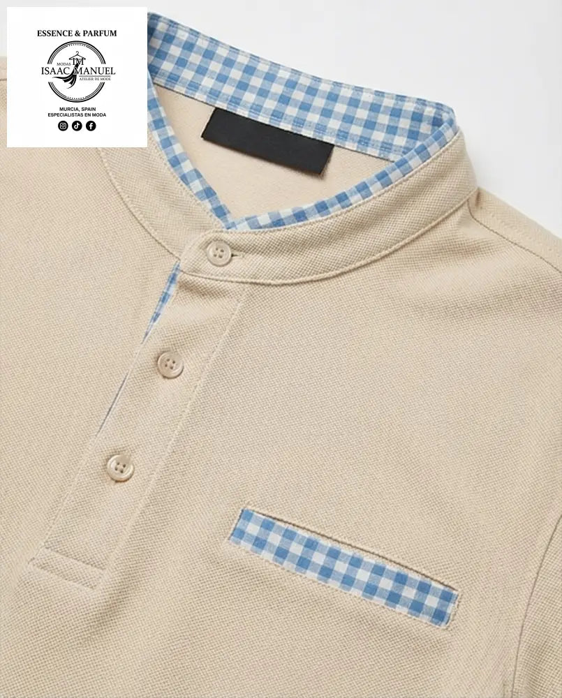 Polo cuello mao hombre beige con detalle vichy - vista frontal