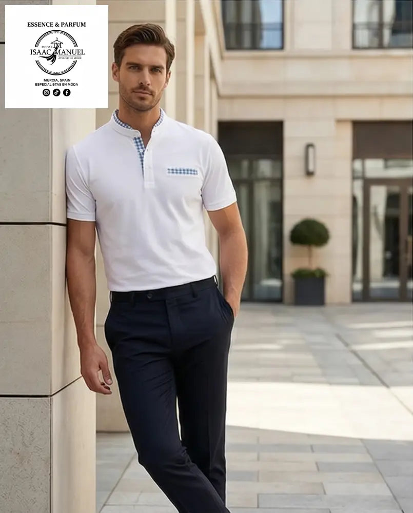 Polo cuello mao hombre blanco con detalle vichy - vista frontal