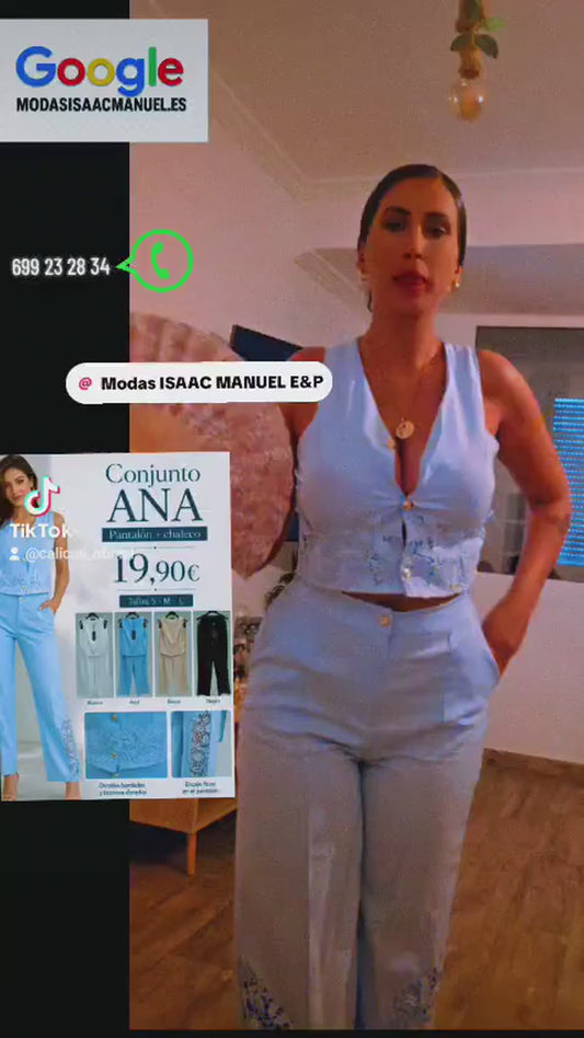 Conjunto de Dos Piezas "ANA" | Chaleco y Pantalón con Bordado Floral