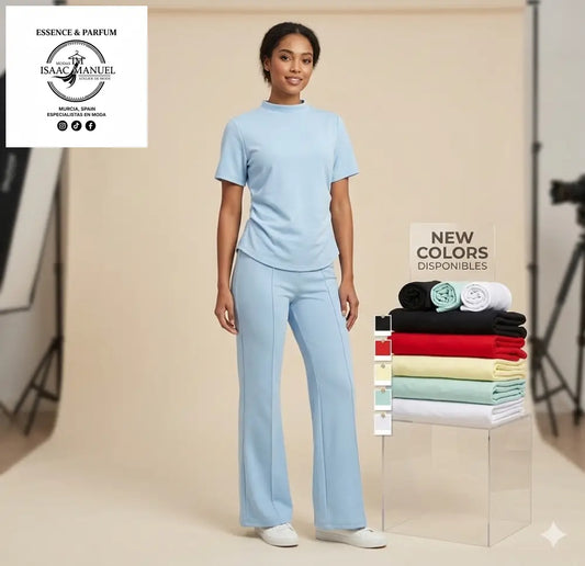 Descubre el conjunto de punto más cómodo de la temporada. Incluye camiseta de cuello alto y pantalón flare en 6 colores vibrantes. ¡Talla única adaptable!