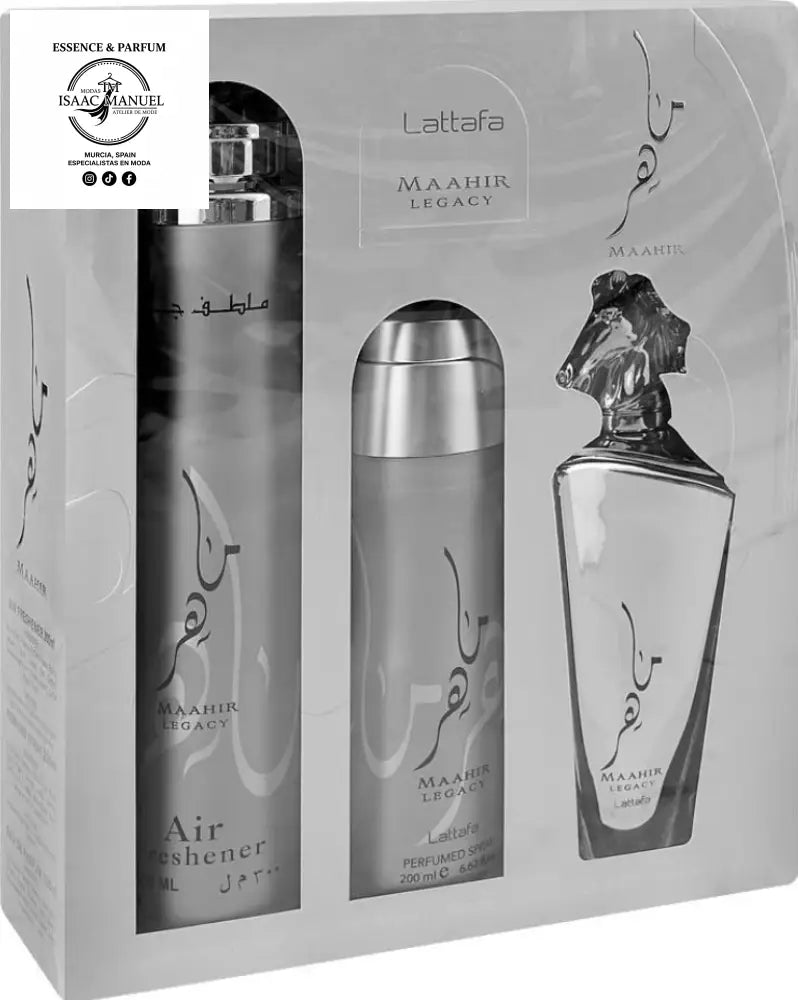 Consigue el Set Maahir Legacy de Lattafa al mejor precio. Incluye Perfume 100ml, Spray Corporal y Ambientador. Frescura cítrica y elegancia duradera.