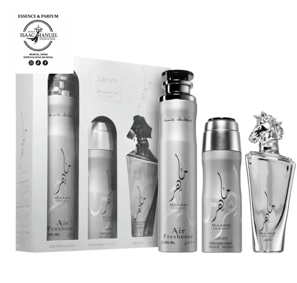 Consigue el Set Maahir Legacy de Lattafa al mejor precio. Incluye Perfume 100ml, Spray Corporal y Ambientador. Frescura cítrica y elegancia duradera. ¡Compra hoy!