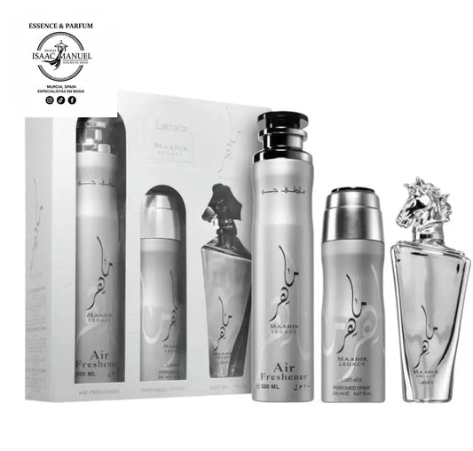 Consigue el Set Maahir Legacy de Lattafa al mejor precio. Incluye Perfume 100ml, Spray Corporal y Ambientador. Frescura cítrica y elegancia duradera. ¡Compra hoy!