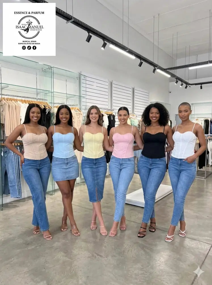 Variedad de tops tipo corsé con copas estructuradas y tirantes finos en colores pastel y básicos, ideales para combinar con vaqueros.