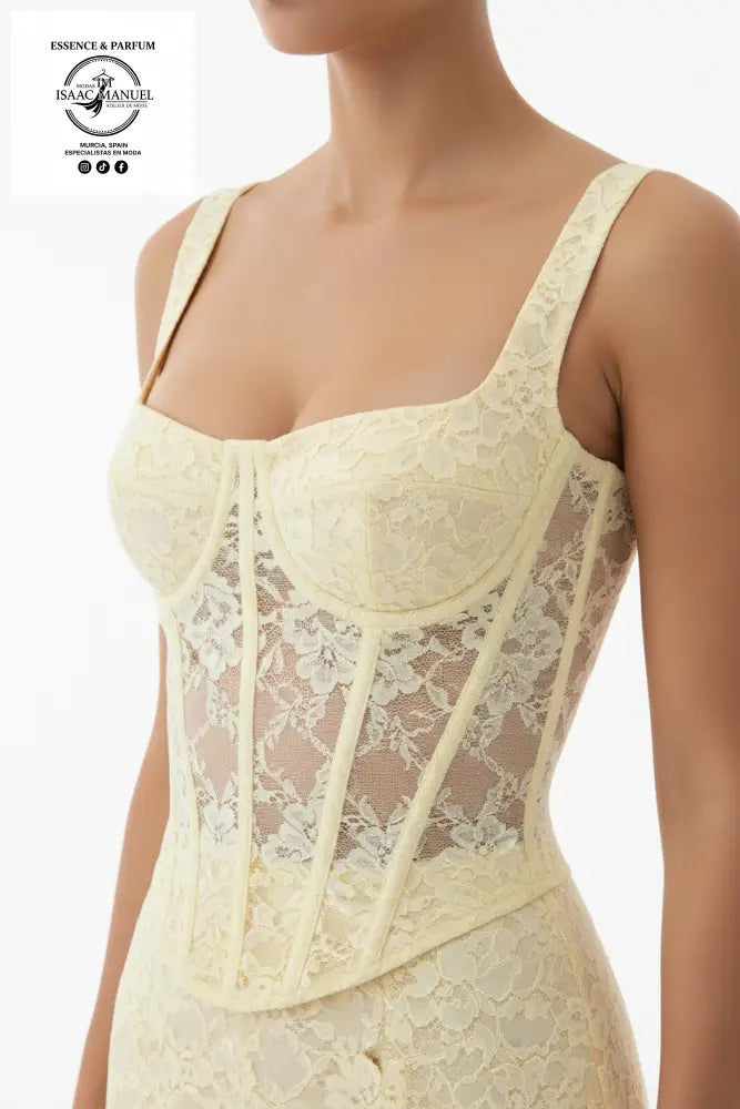 Top corset mujer con encaje color amarillo – vista frontal