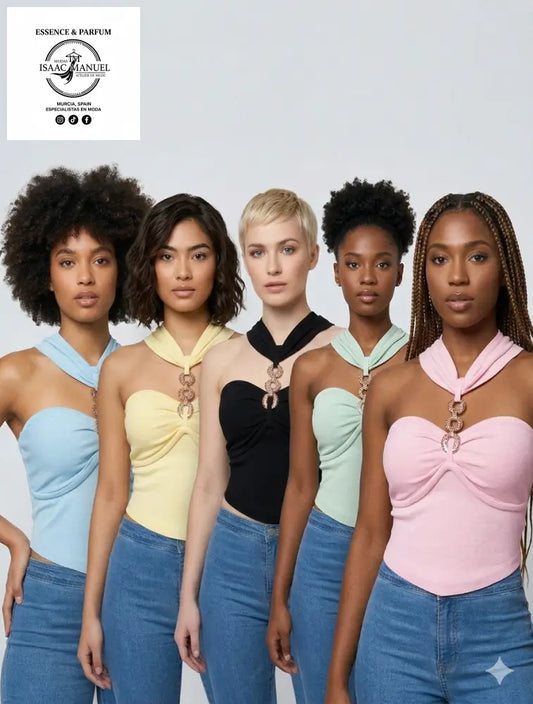 Selección de tops halter en colores pastel con detalle central de eslabones dorados y bajos en punta, ideales para looks de fiesta.