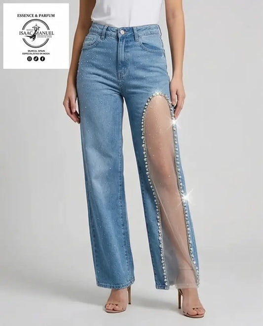 Vaquero Azul Wide Leg con Abertura Lateral y Strass | Moda Mujer KW8875 - L - Pantalones