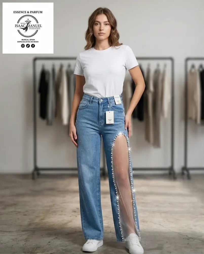 Vaquero Azul Wide Leg con Abertura Lateral y Strass | Moda Mujer KW8875 - M - Pantalones