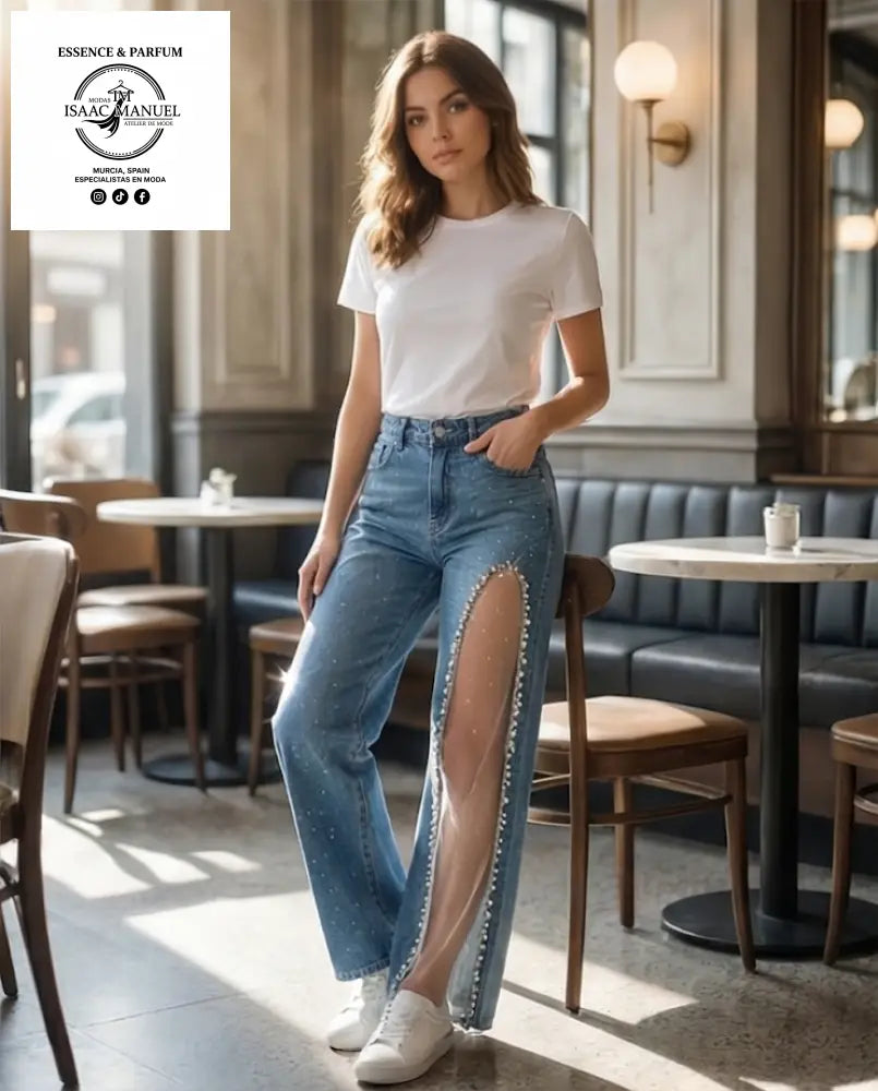 Vaquero Azul Wide Leg con Abertura Lateral y Strass | Moda Mujer KW8875 - Pantalones