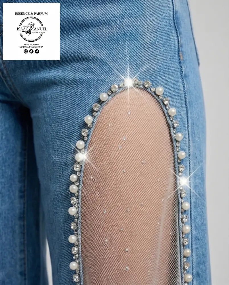 Vaquero Azul Wide Leg con Abertura Lateral y Strass | Moda Mujer KW8875 - S - Pantalones