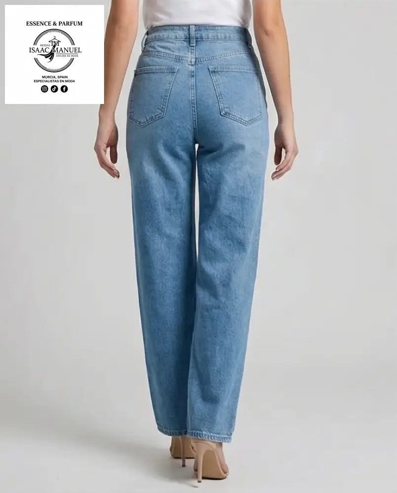 Vaquero Azul Wide Leg con Abertura Lateral y Strass | Moda Mujer KW8875 - XL - Pantalones