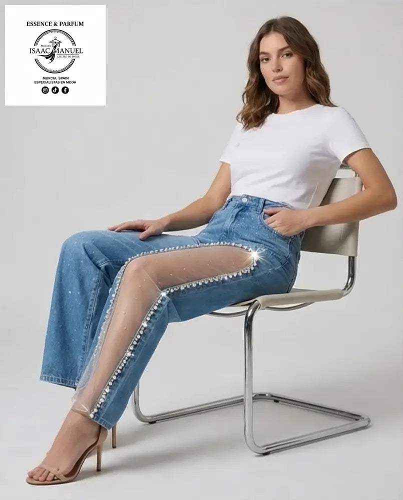 Vaquero Azul Wide Leg con Abertura Lateral y Strass | Moda Mujer KW8875 - XS - Pantalones