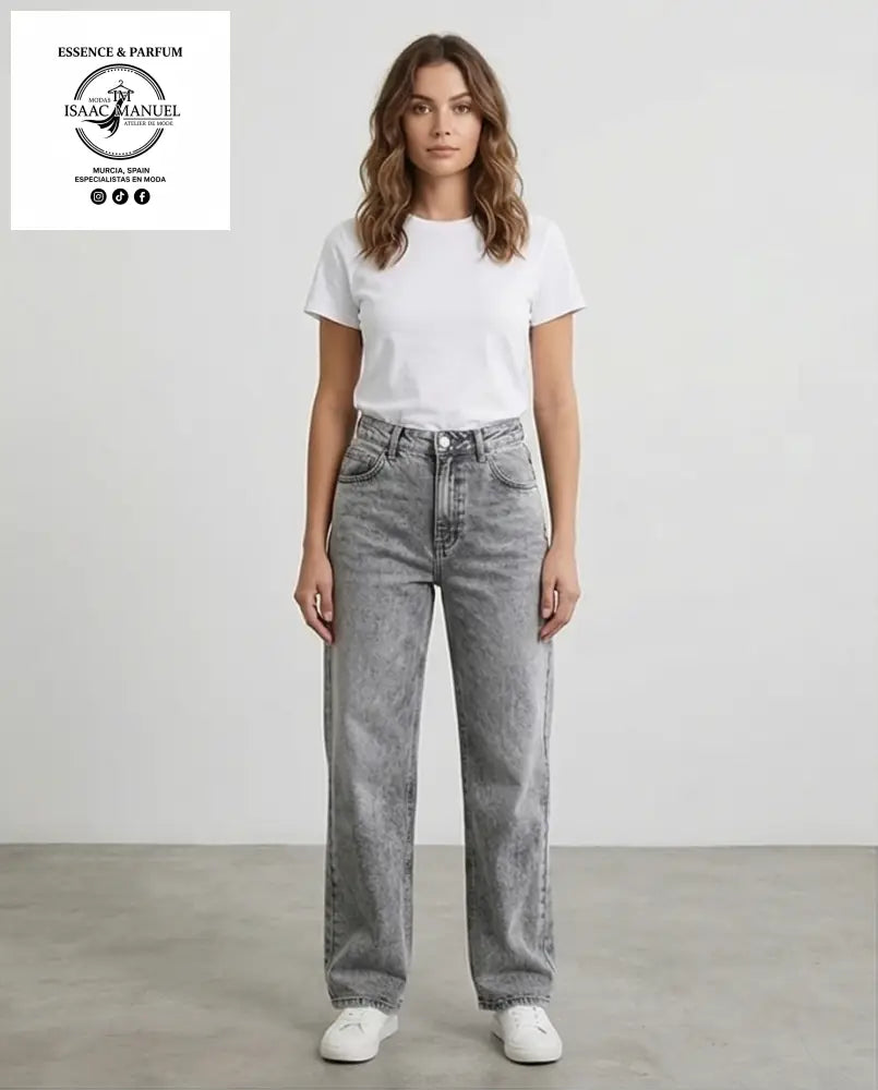 Vaquero Gris Wide Leg Acid Wash | Moda Mujer XY775 - L - Pantalones