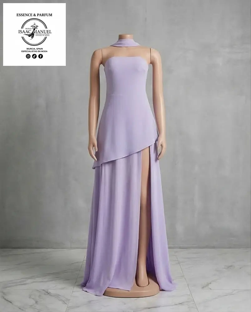 Vestido de Fiesta Largo con Abertura Lateral y Cuello Halter Desmontable VESTIDO