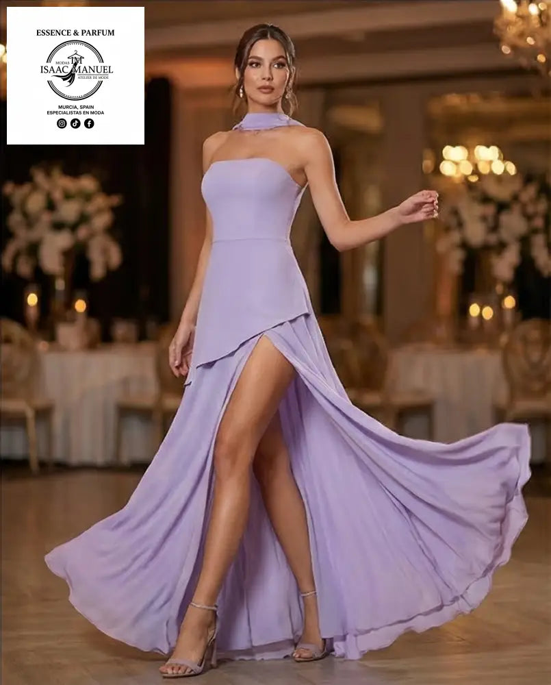 Compra el vestido de gala más sofisticado. Escote palabra de honor, falda asimétrica con abertura lateral y cuello halter opcional. ¡Envío en 24/48h!