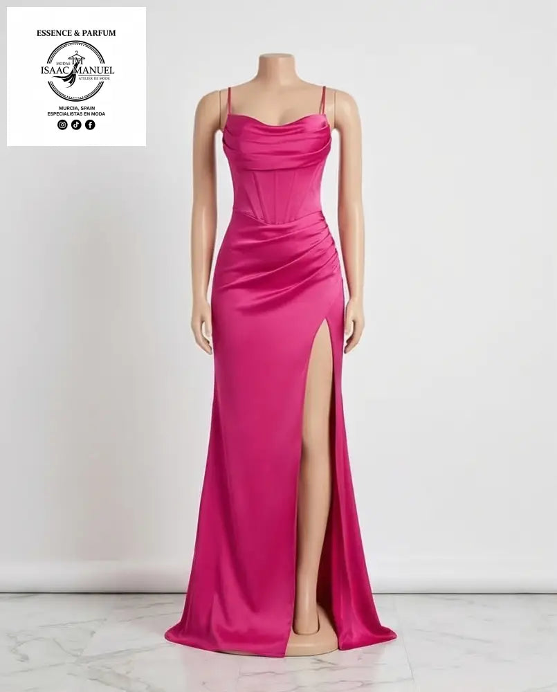 Vestido de Gala Satinado con Corset y Drapeado Lateral Rosa VESTIDO